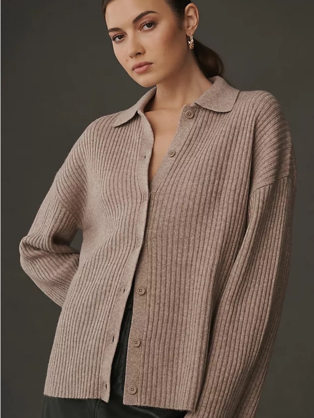Reformation Ribbed Button-Front Sweater Cardigan in Taupe